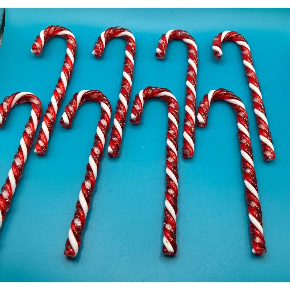 Candy Cane Ornaments 6.5in Red White Glass Glitter Set of 8